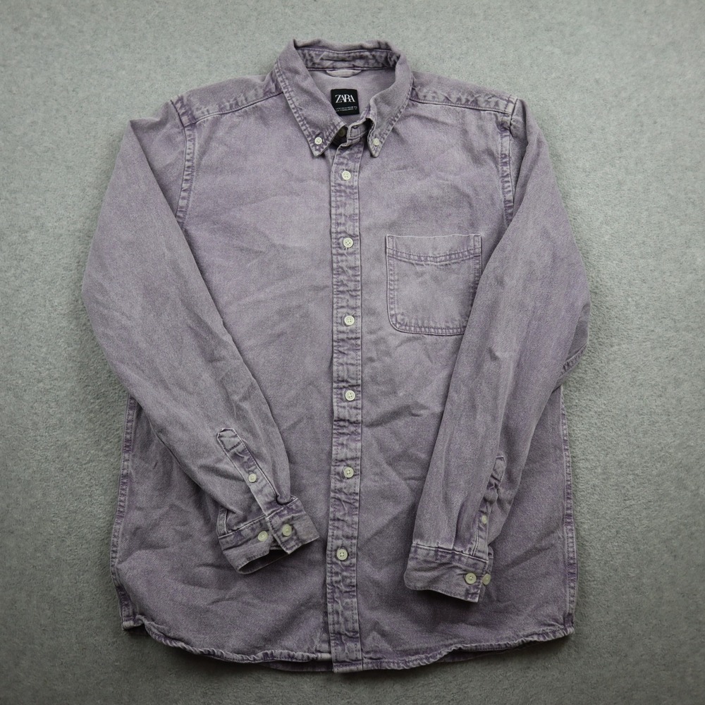 Zara Button Down Shirt Mens Size Medium Purple Denim Long Sleeve Cotton Regular